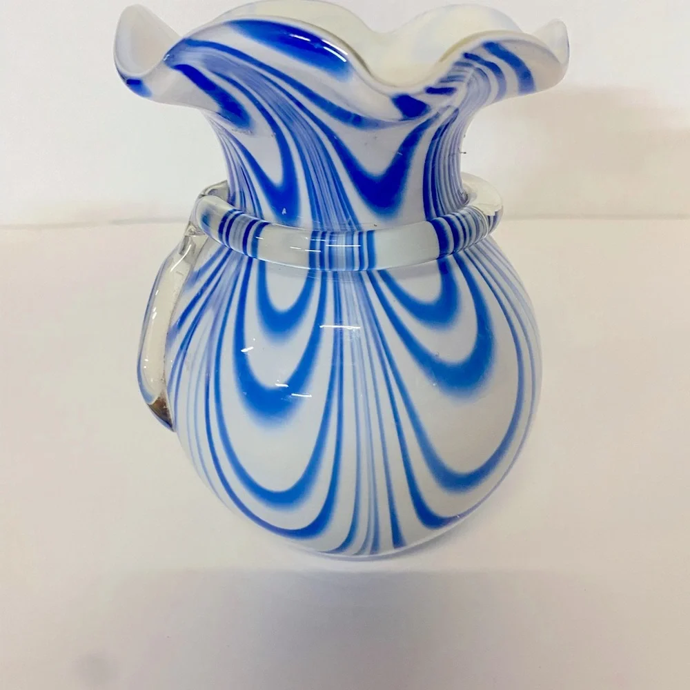 Vintage Murano Style Art Glass Vase Blue & White Swirl Rim Vase Ruffled Edge - Picture 2 of 9